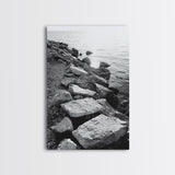 Shore Rocks, Sunlit Ocean, Rugged Texture, Minimal Horizon, Framed Canvas Print, Entryway Wall Art, Beach Decor, Neutral Tones