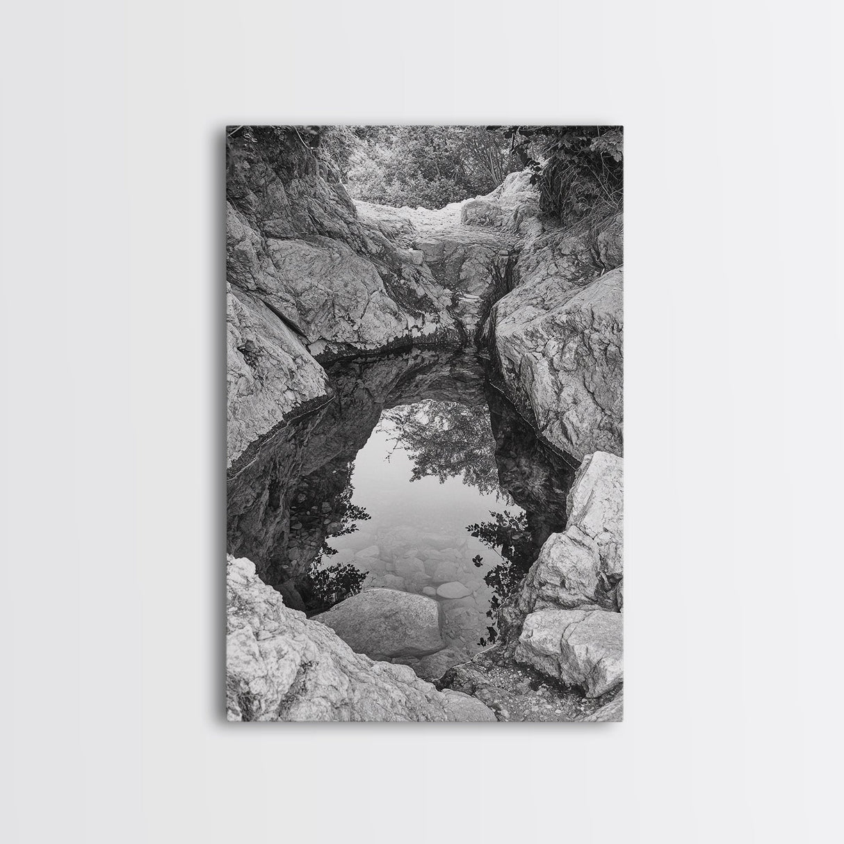 Reflective Rock Pool, Tranquil Nature, Monochrome Landscape, Black and White Framed Canvas Print, Minimalist Bathroom or Spa Wall Art