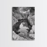 Reflective Rock Pool, Tranquil Nature, Monochrome Landscape, Black and White Framed Canvas Print, Minimalist Bathroom or Spa Wall Art
