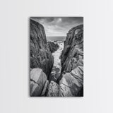 Ocean Cliff Pass, Rugged Coastal Rocks, Nature Power, Monochrome Framed Canvas Print, Moody Bathroom or Masculine Office Art