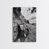 Deserted Leather Satchel, Coastal Adventure, Weathered Texture, Black and White Canvas Print, Vintage Office or Studio Wall Art
