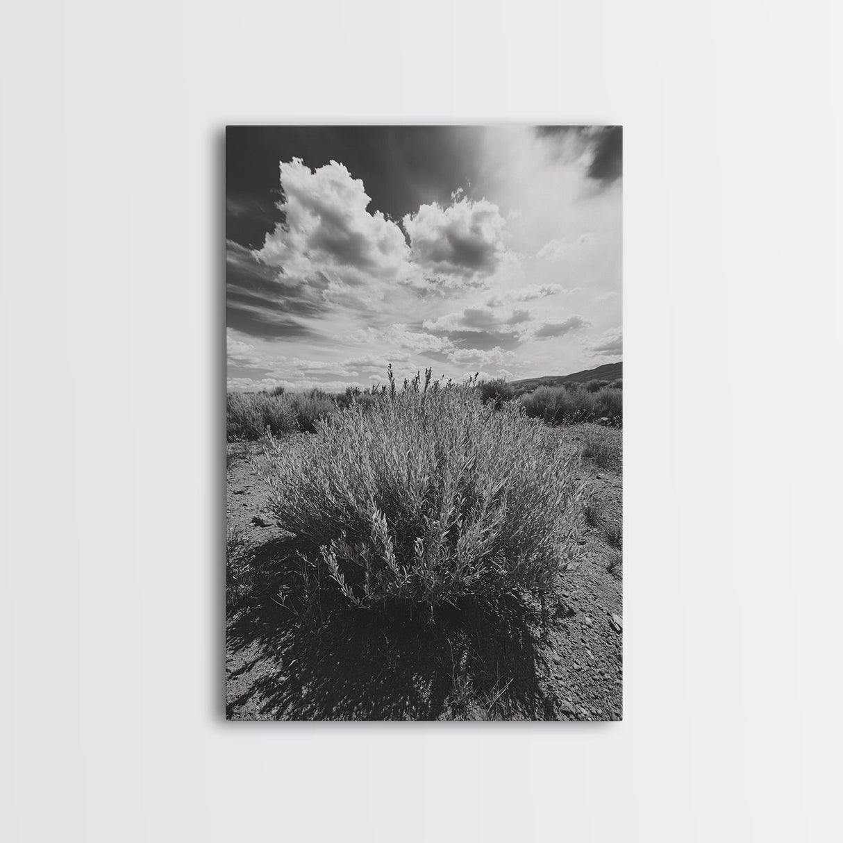 Desert Sage, Cloud Sky, Nature Wall Decor, Framed Canvas Print, Minimalist Art, Boho Style, Neutral Tones, Entryway Botanical Print