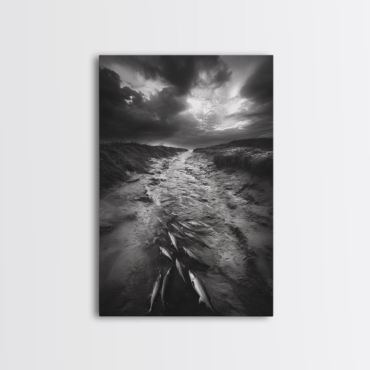 Fish Migration, Dramatic Sky, Moody Landscape, Framed Canvas Print, Dark Nature Art, Rustic Cabin Decor, Fall Wall Art, Nature Drama