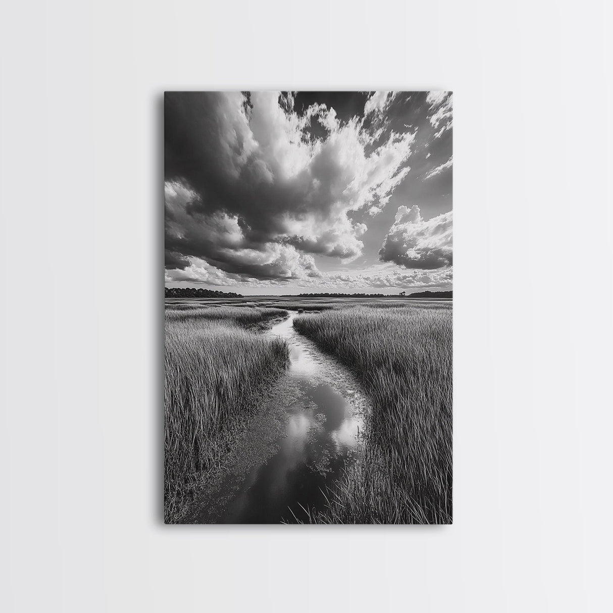 Marshland Stream, Dramatic Clouds, Nature Reflection, Canvas Print, Minimalist Landscape, Bathroom Art, Earthy Tones, Zen Mood