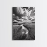 Marshland Stream, Dramatic Clouds, Nature Reflection, Canvas Print, Minimalist Landscape, Bathroom Art, Earthy Tones, Zen Mood