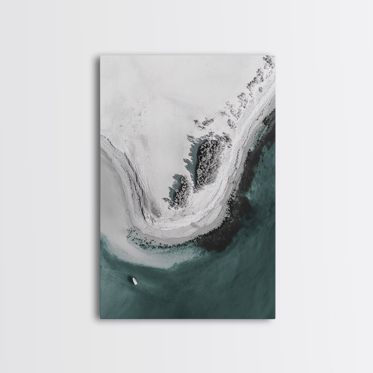 Aerial Beach, Turquoise Sea, Minimal Shoreline, Boat View, Canvas Print, coastal minimalist art, bathroom wall art, modern ocean photo