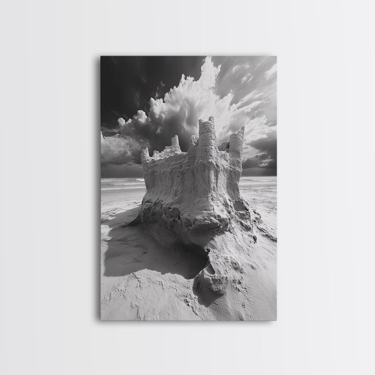Sand Castle, Beach Fantasy, Dramatic Sky, Coastal Fortress, Framed Canvas Print, whimsical decor, kids room wall art, fairytale beach scene