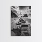 Ocean Rocks, Beach Landscape, Cloudy Sky, Rugged Coast, Canvas Print, coastal adventure wall art, living room decor, nature lover gift