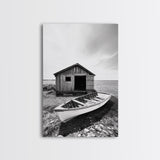 Shore Cabin, Rowboat Rest, Coastal Cabin, Serene Shoreline, Canvas Print, Lake House Wall Art, Rustic Decor, Living Room Seaside Art