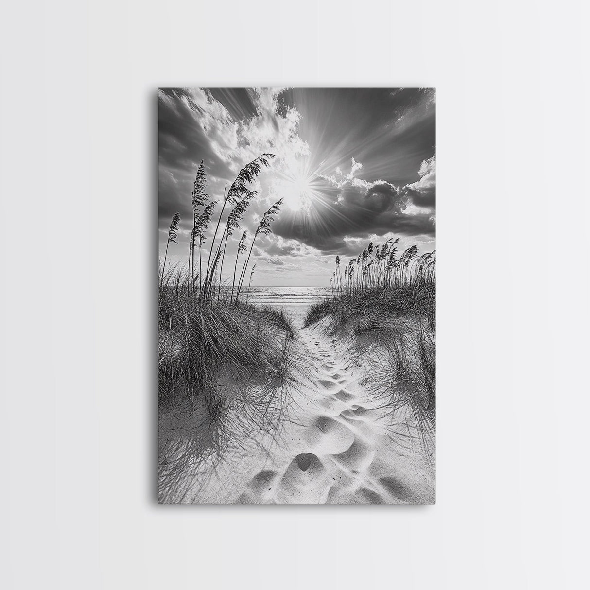 Beach Path, Seagrass Sunset, Radiant Sky, Coastal Light, Framed Canvas Print, coastal farmhouse decor, entryway art, sunshine beach scene