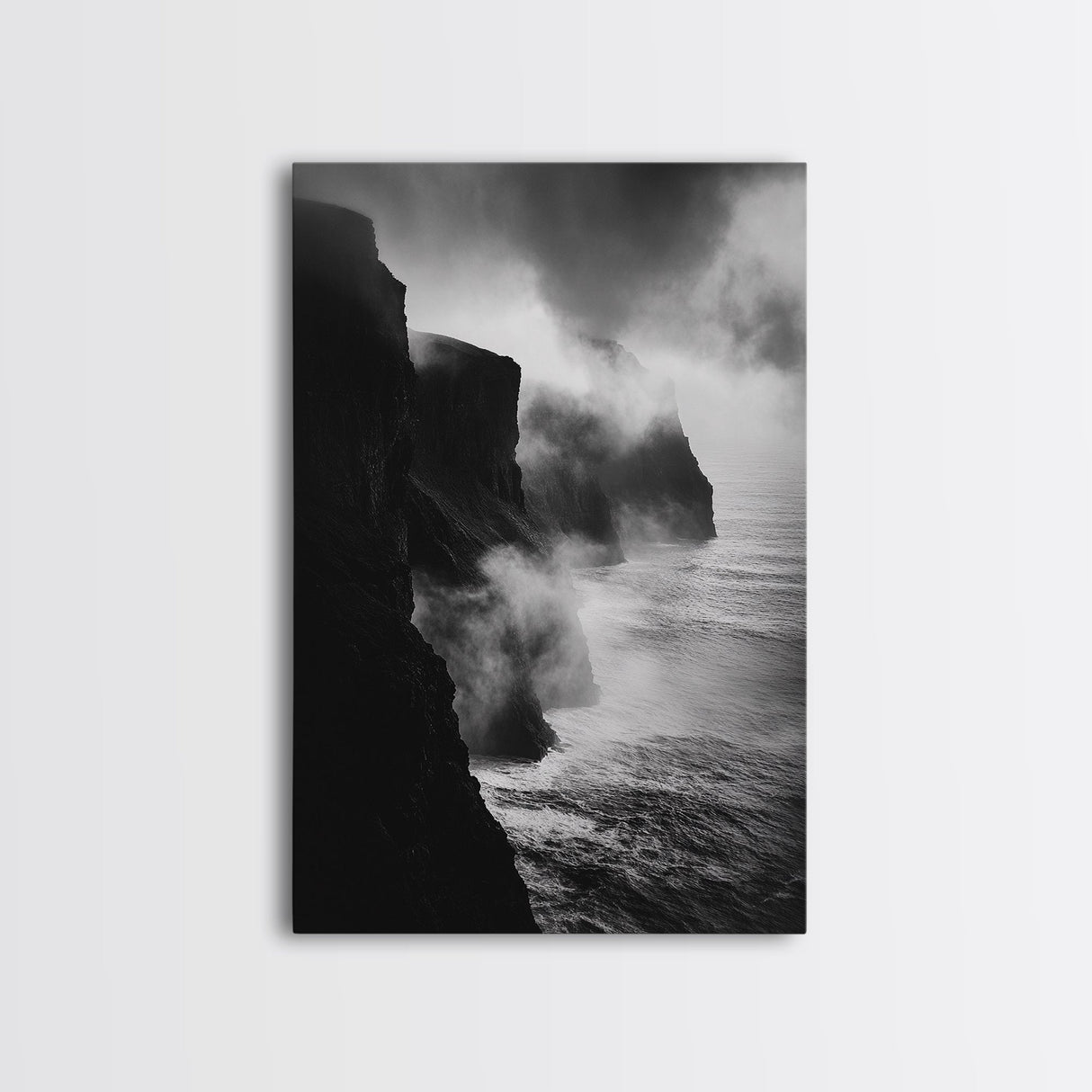 Stormy Cliffs, Ocean Fog, Monochrome Coast, Wild Nature Framed Canvas Print, moody wall art, rustic living room decor, dark aesthetic