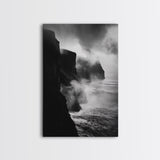 Stormy Cliffs, Ocean Fog, Monochrome Coast, Wild Nature Framed Canvas Print, moody wall art, rustic living room decor, dark aesthetic