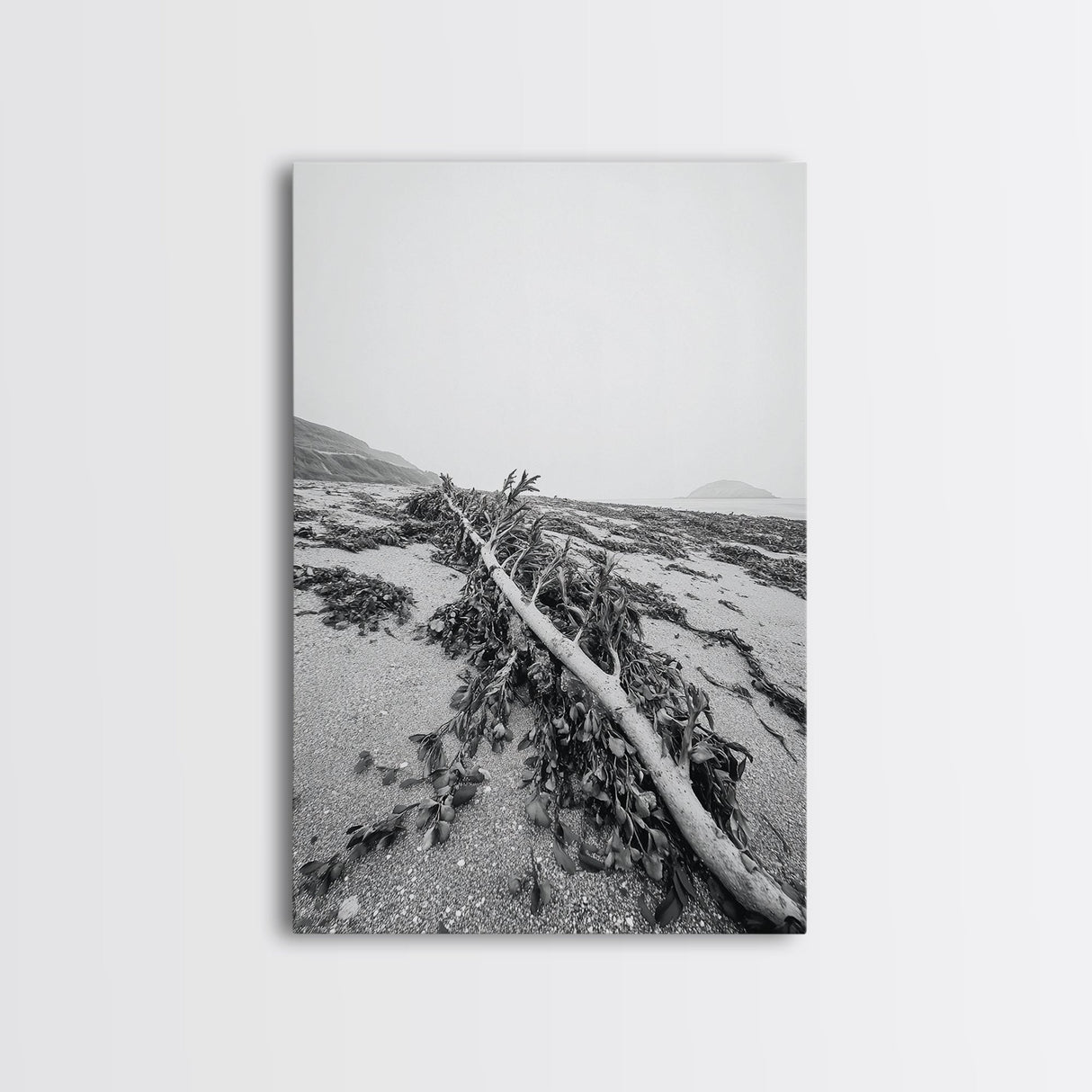 Seaweed Shoreline, Drifted Beauty, Coastal Debris, Tide Echo Framed Canvas Print, ocean nature wall art, minimalist beach decor
