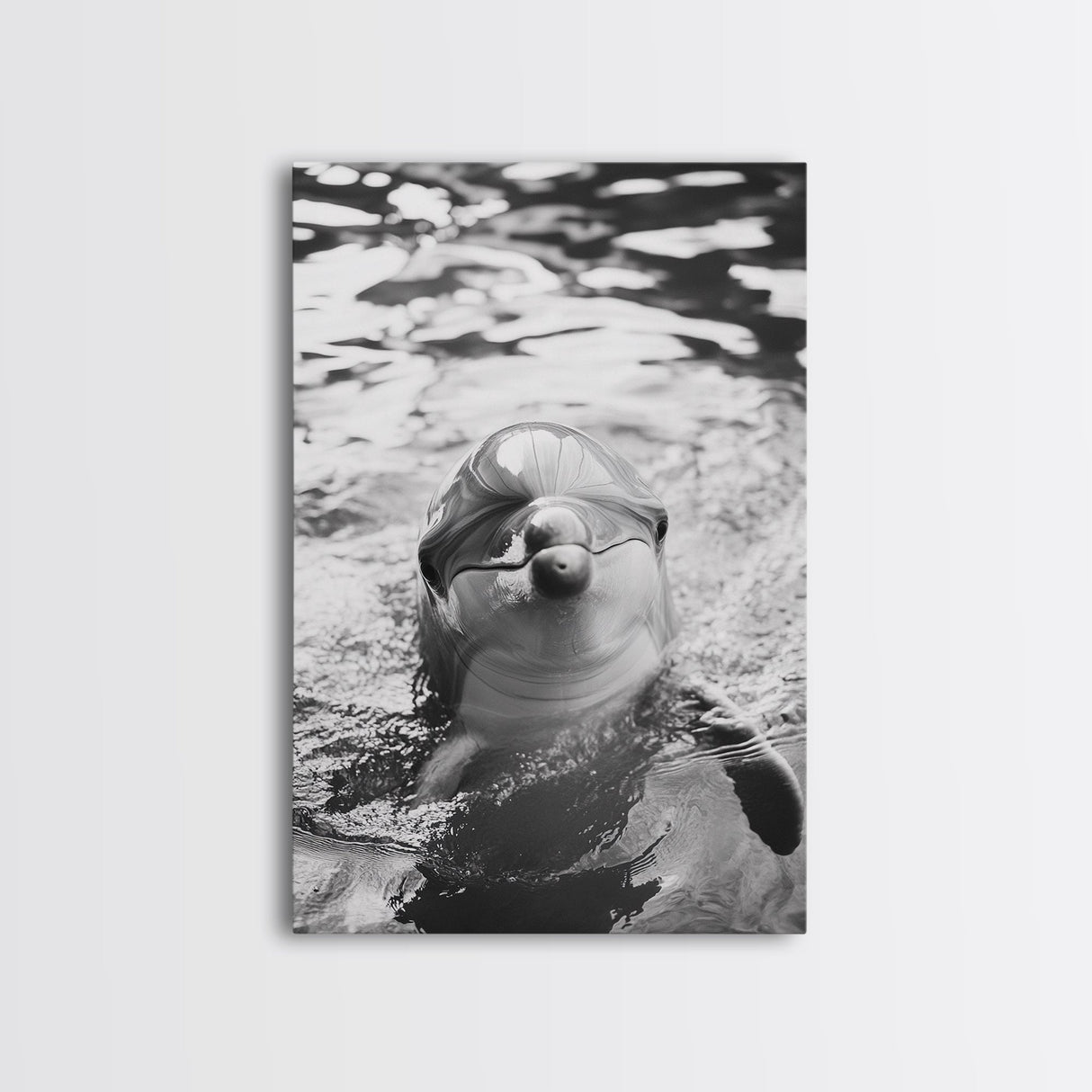 Dolphin Smile, Ocean Friend, Water Reflections, Gentle Waves, Framed Canvas Print, Kids Bathroom Art, Marine Life Decor, Playroom Artwork
