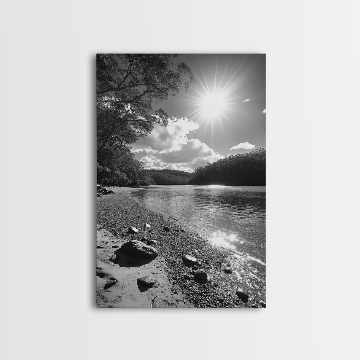 Ocean Shoreline, Serene Landscape, Coastal Photography, Canvas Print, Modern Nature Decor, Living Room Wall Art, Black and White Art
