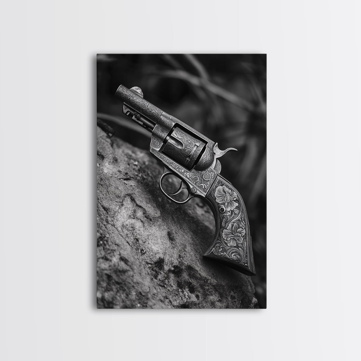 Floral Engraved Revolver, Vintage Western Gun, Cowboy Detail Shot, Canvas Print, Man Cave Art, Rustic Americana Wall Style
