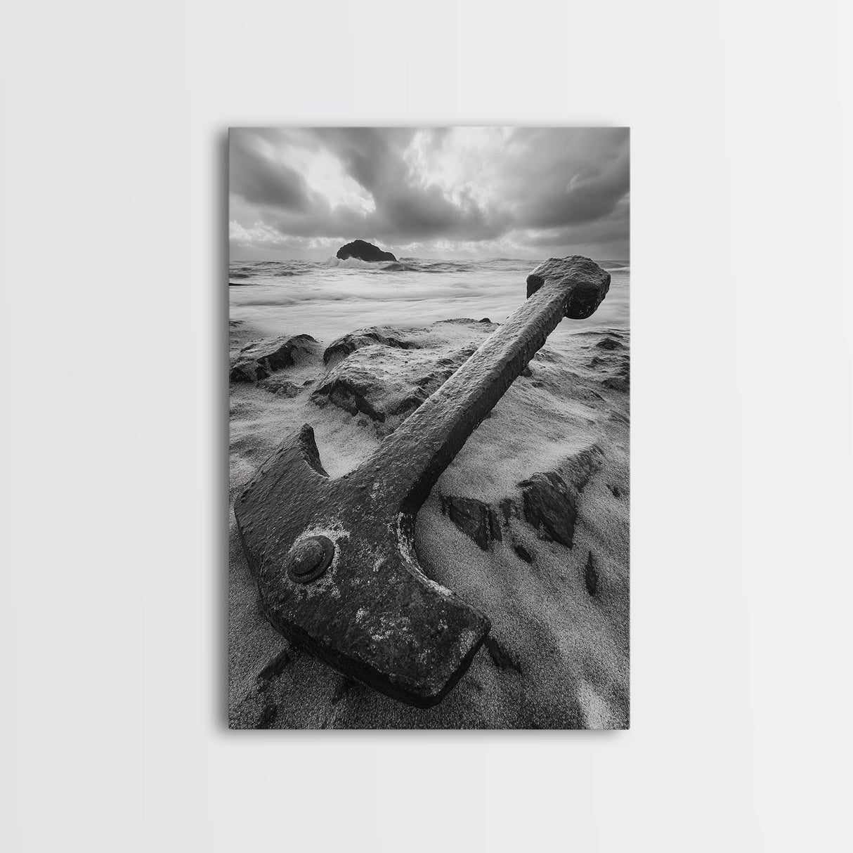 Ocean anchor scene, nautical coastal vibes, shipwreck inspiration, stormy sky, Framed Canvas Print, entryway art, maritime wall decor