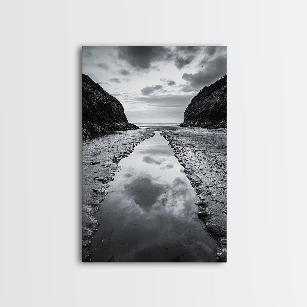 Ocean Reflection, Seaside Path, Moody Coastline, Canvas Print, Black and White Nature Photography, Modern Living Room Wall Art
