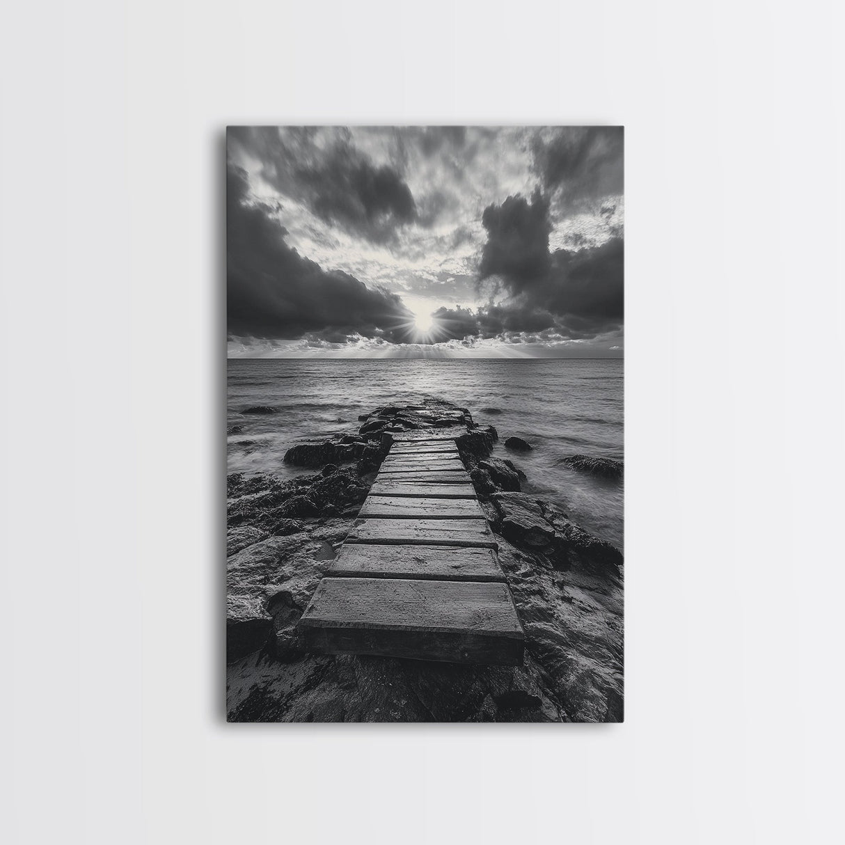 Ocean Pier Sunset, Dramatic Clouds, Seascape Pathway, Canvas Print, Coastal Living Room Art, Tranquil Decor, Minimalist Style