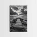 Ocean Pier Sunset, Dramatic Clouds, Seascape Pathway, Canvas Print, Coastal Living Room Art, Tranquil Decor, Minimalist Style