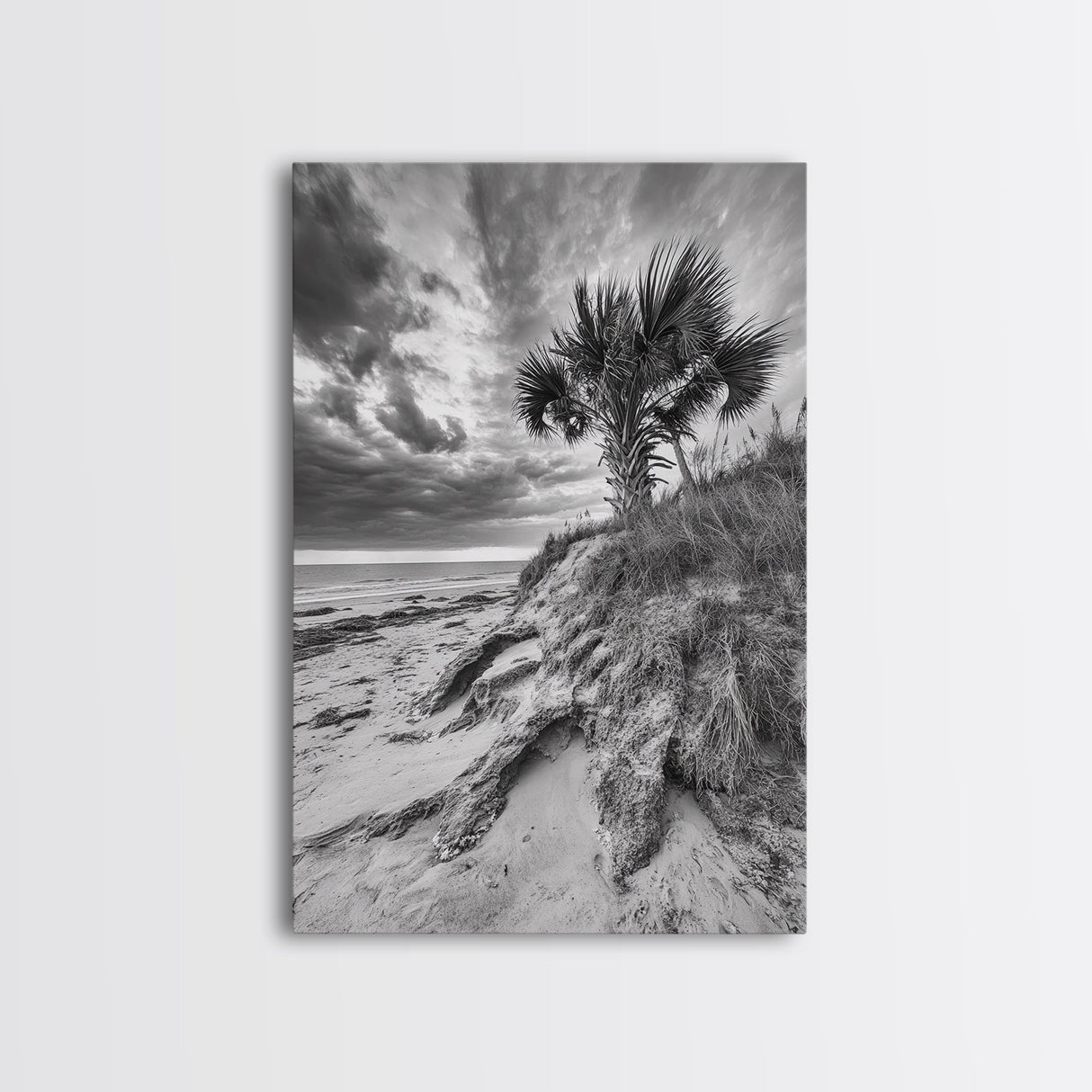 Palm Tree Beach, Coastal Dunes, Dramatic Sky, Framed Canvas Print, Tropical Wall Art, Boho Living Room Decor, Beach House Art