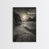 Secluded Beach, Sunset Glow, Reflected Light, Framed Canvas Print, Tranquil Ocean Wall Art, Modern Bedroom Decor, Zen Vibes
