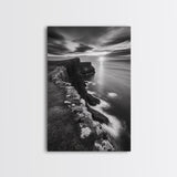 Rugged Sea Cliffs, Sunset Horizon, Serene Waters, Framed Canvas Print, Modern Nature Wall Art, Office Decor, Coastal Aesthetic