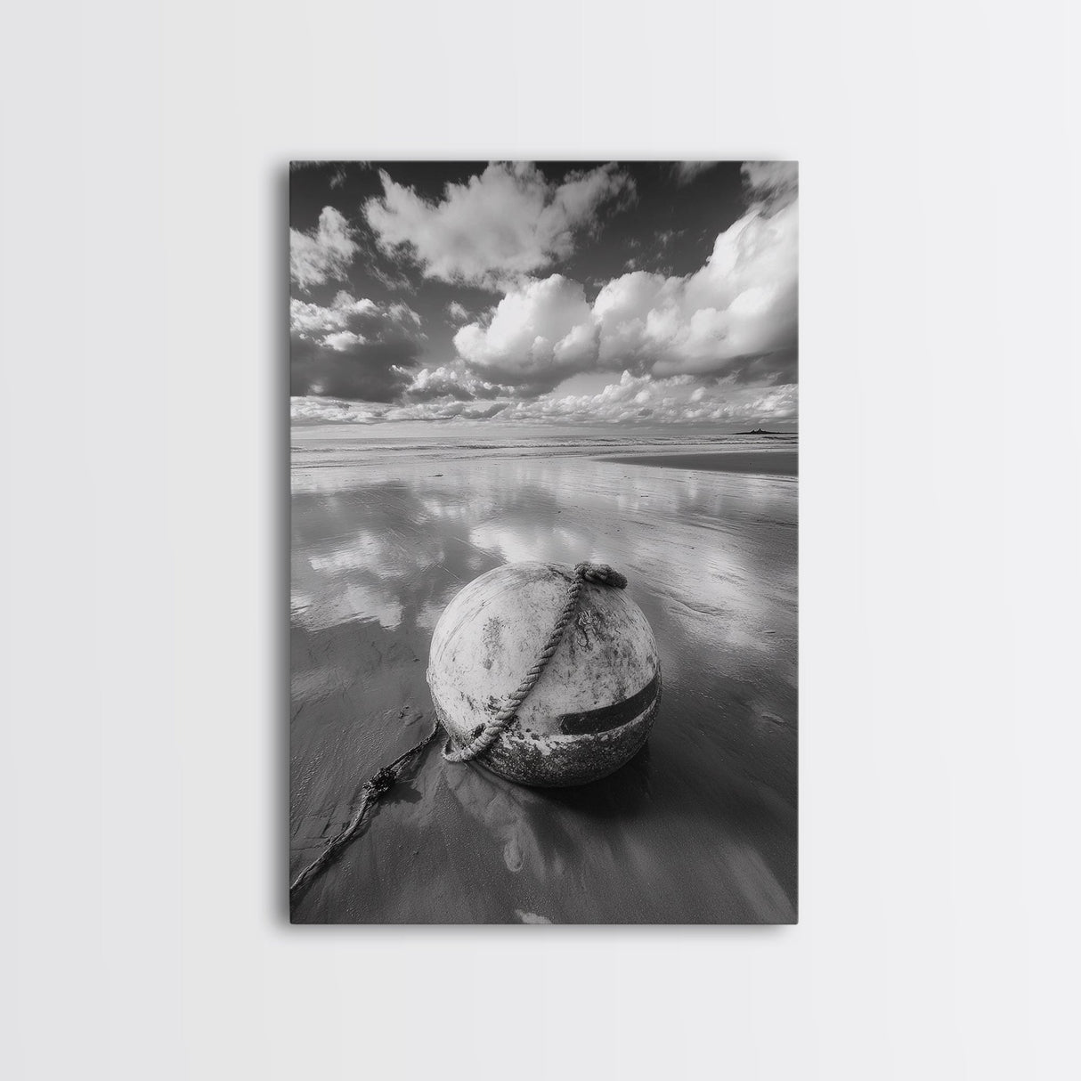 Washed buoy shore, coastal solitude, beach reflections, nautical simplicity, Framed Canvas Print, guest room art, seaside rustic wall decor