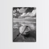 Washed buoy shore, coastal solitude, beach reflections, nautical simplicity, Framed Canvas Print, guest room art, seaside rustic wall decor