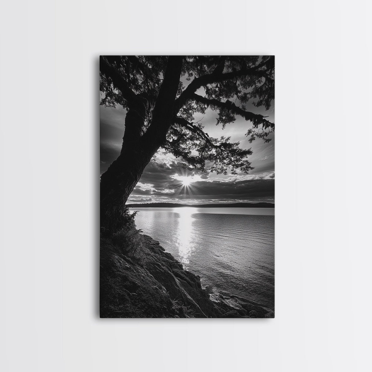 Tranquil Lake Sunset, Tree Silhouette, Calm Waters, Canvas Print, Nature Inspired Wall Art, Relaxing Bedroom Decor, Minimalist Zen