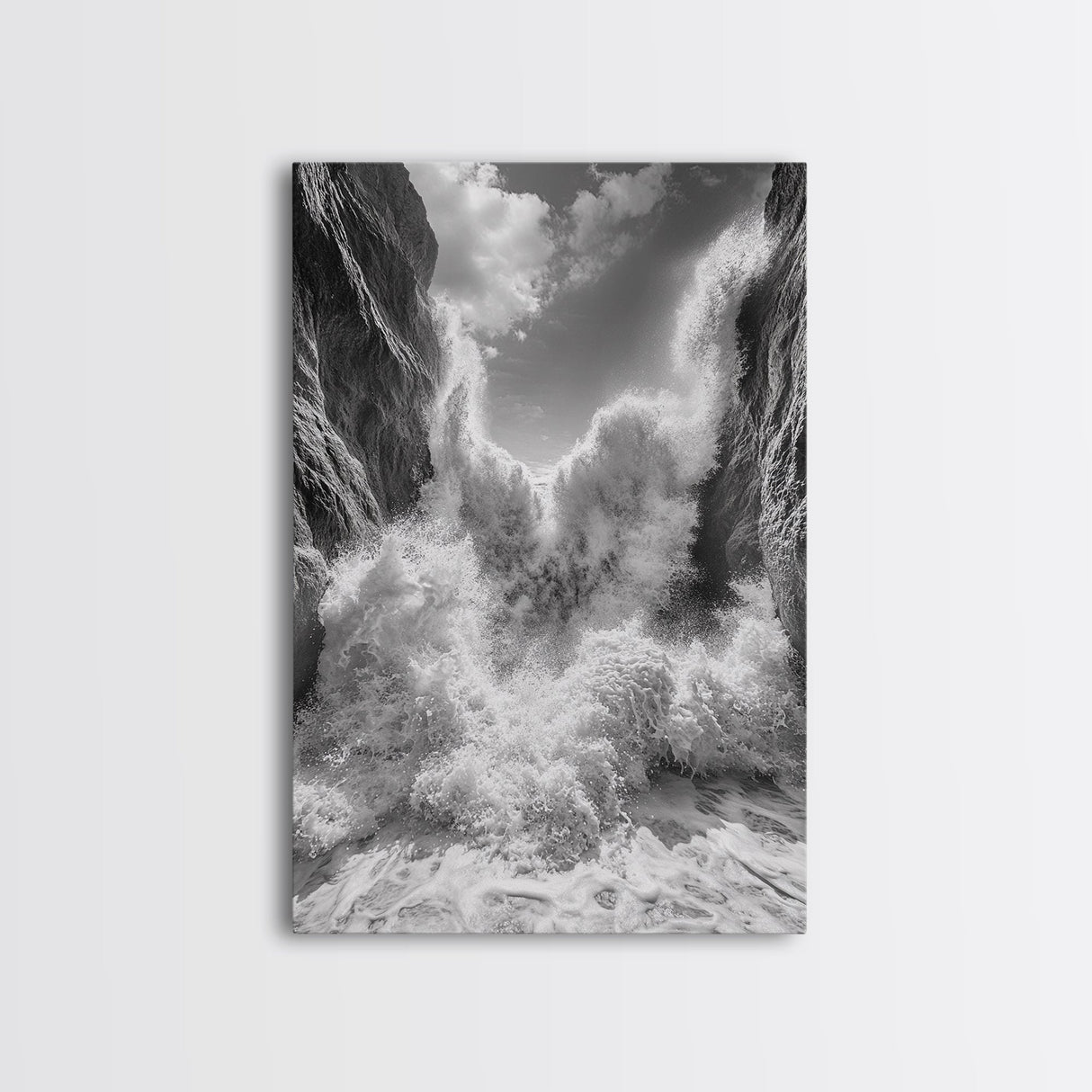 Ocean Splash, Cliff Waves, Nature Power, Dramatic Seascape, Framed Canvas Print, Living Room Statement, Black and White Wall Art