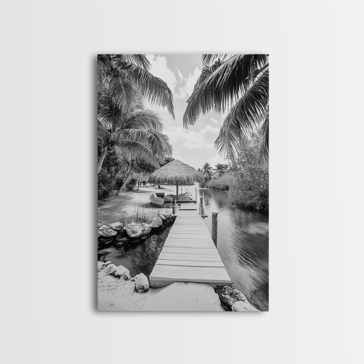 Tropical Dock, Island Escape, Palm Tree Beach, Secluded Lagoon, Canvas Print, Coastal Kitchen Art, Boho Tropical Wall Decor