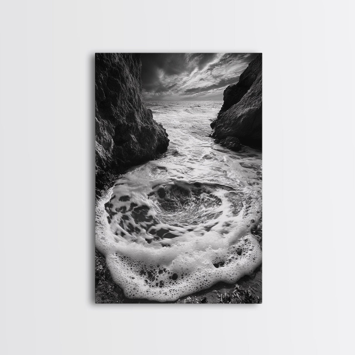 Sea Whirlpool, Dramatic Ocean, Coastal Rocks, Nature Motion, Framed Canvas Print, Bathroom Art, Modern Seaside Wall Decor