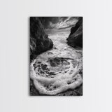 Sea Whirlpool, Dramatic Ocean, Coastal Rocks, Nature Motion, Framed Canvas Print, Bathroom Art, Modern Seaside Wall Decor