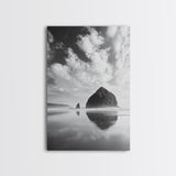 Iconic sea stack, Oregon coast art, tranquil reflections, dramatic clouds, Canvas Print, bedroom wall art, modern coastal minimalist decor