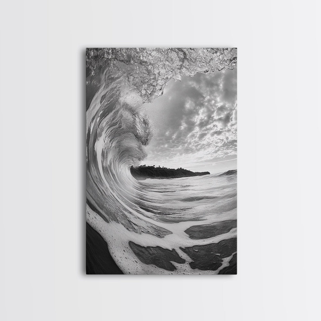 Ocean Wave Tunnel, Surfer's Eye View, Coastal Landscape, Bathroom Wall Art, Adventure Vibes, Framed Canvas Print, Black White Photography