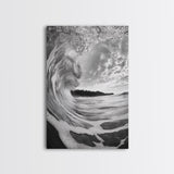 Ocean Wave Tunnel, Surfer's Eye View, Coastal Landscape, Bathroom Wall Art, Adventure Vibes, Framed Canvas Print, Black White Photography