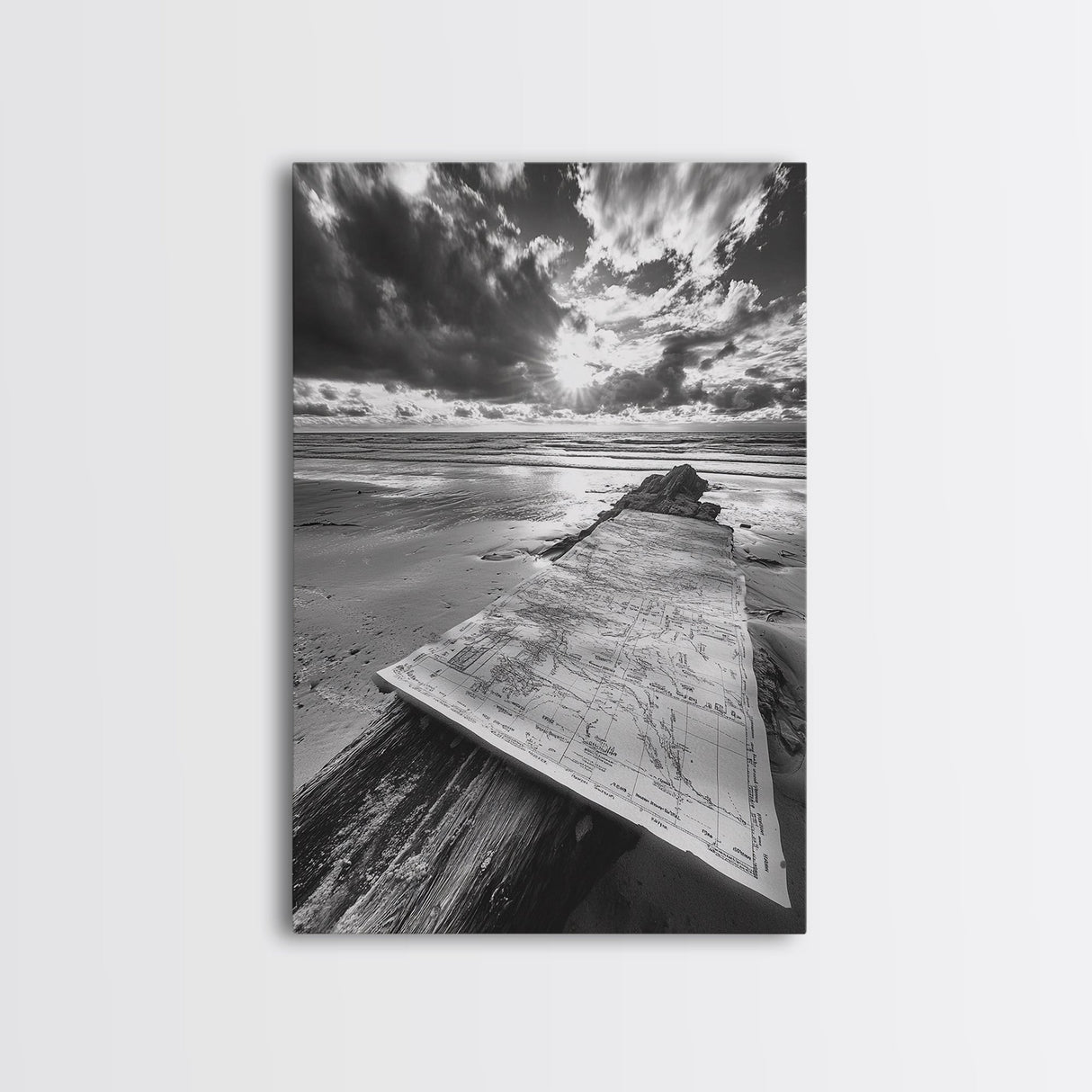 Map On Beach, Travel Adventure Art, Wanderlust Decor, Coastal Office Style, Framed Canvas Print, Explorer Aesthetic, Black White Scene