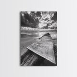 Map On Beach, Travel Adventure Art, Wanderlust Decor, Coastal Office Style, Framed Canvas Print, Explorer Aesthetic, Black White Scene