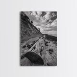 Driftwood Coastal Trail, Cliffside Path Nature Art, Rustic Cabin Style, Black White Photography, Framed Canvas Print, Hallway Wall Decor