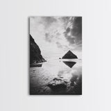 Remote beach reflection, lone hiker wanderlust, coastal rockscape, black white dreamscape, Framed Canvas Print, living room moody decor