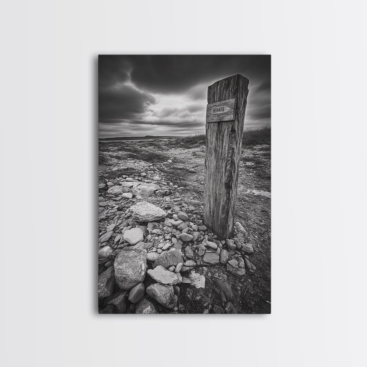 Weathered Exit, Symbolic Marker, Coastal Path, Canvas Print, Rustic Wall Art, Moody Landscape Decor, Entryway Statement Piece