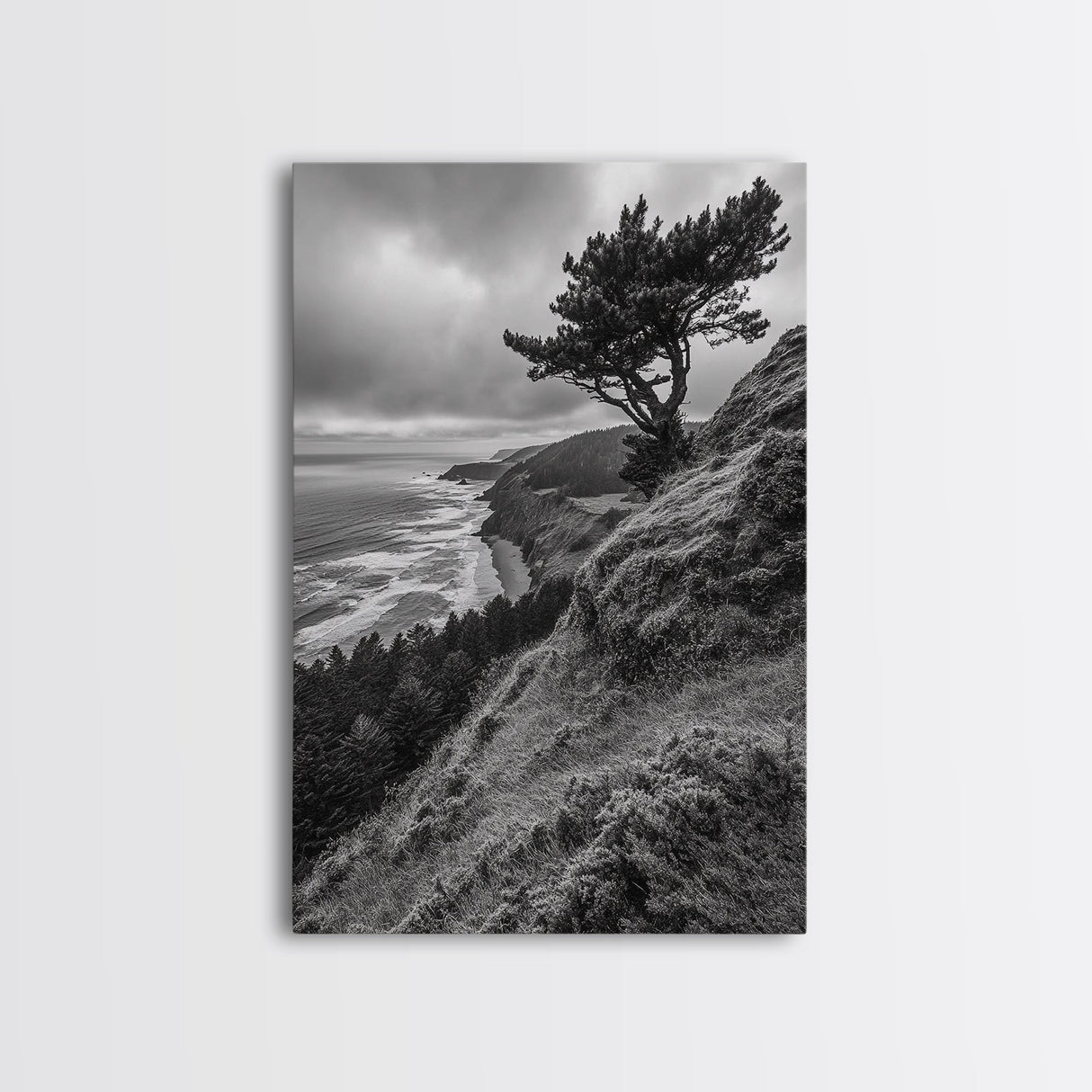 Lone Tree, Ocean Bluff, Windy Coastline, Canvas Print, Coastal Landscape Wall Art, Moody Nature Decor, Minimalist Vibe, Coastal Wall Art
