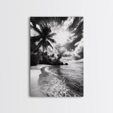 Tropical Sunset Beach, Palms and Waves, Cloudy Skies, Island Vibes, Framed Canvas Print, Coastal Wall Art, Beach House Decor