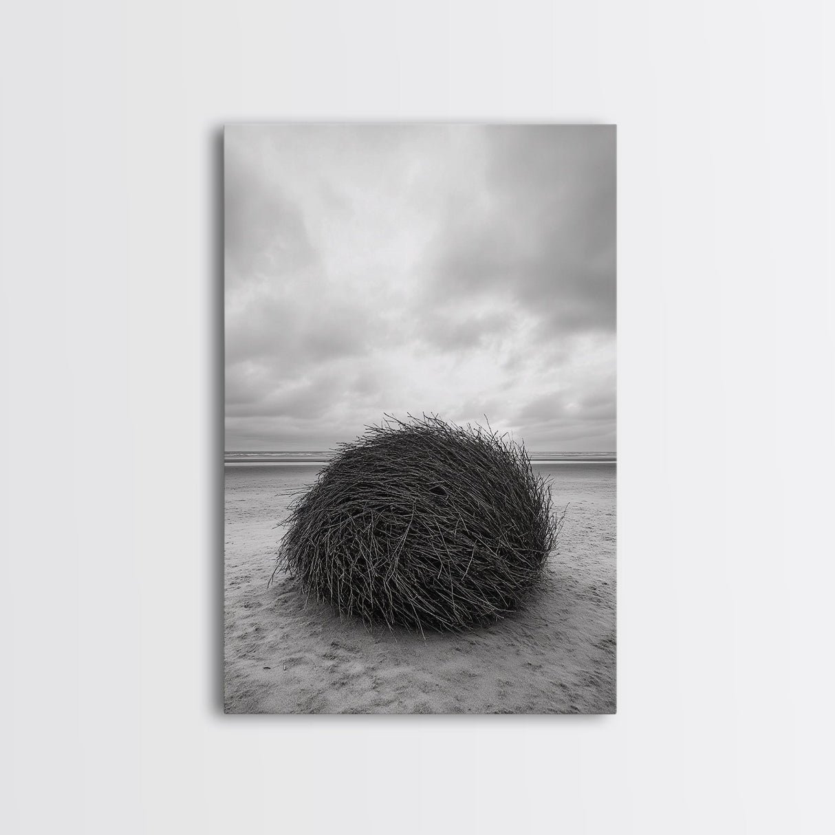 Windswept Beach Nest, Natural Sculpture, Driftwood Ball, Solitude Scene, Canvas Print, Minimalist Wall Art, Neutral Bedroom Decor