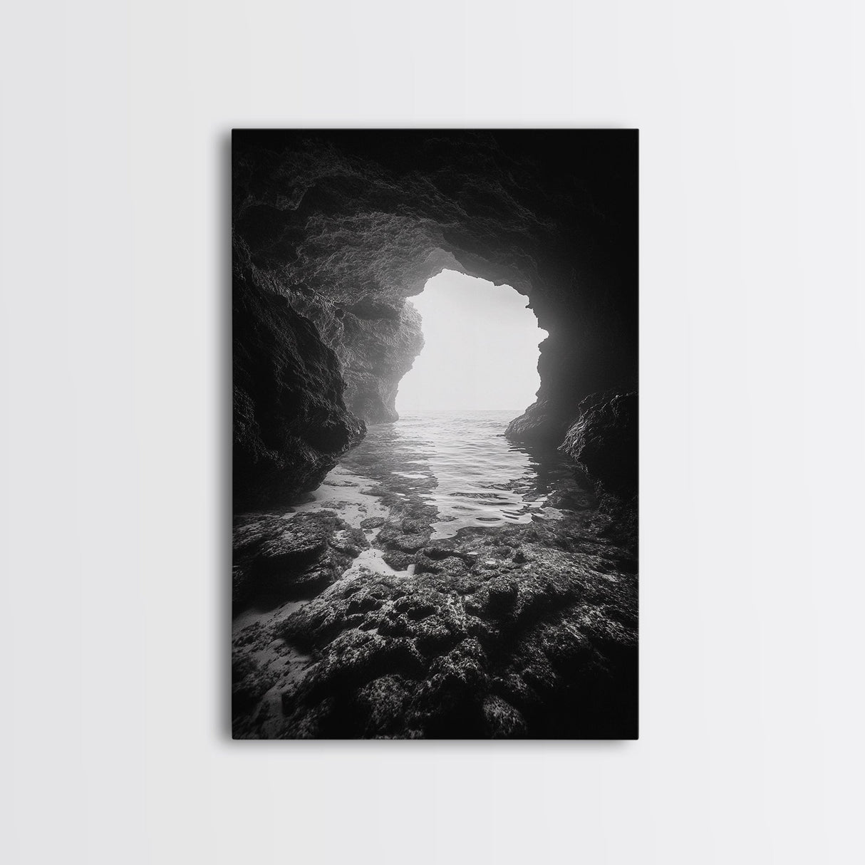 Sea Cave Entrance, Ocean Grotto, Light Escape, Rocky Tide, Canvas Print, Bathroom Wall Art, Black and White Seascape Photo