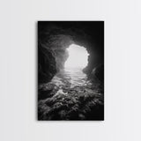 Sea Cave Entrance, Ocean Grotto, Light Escape, Rocky Tide, Canvas Print, Bathroom Wall Art, Black and White Seascape Photo