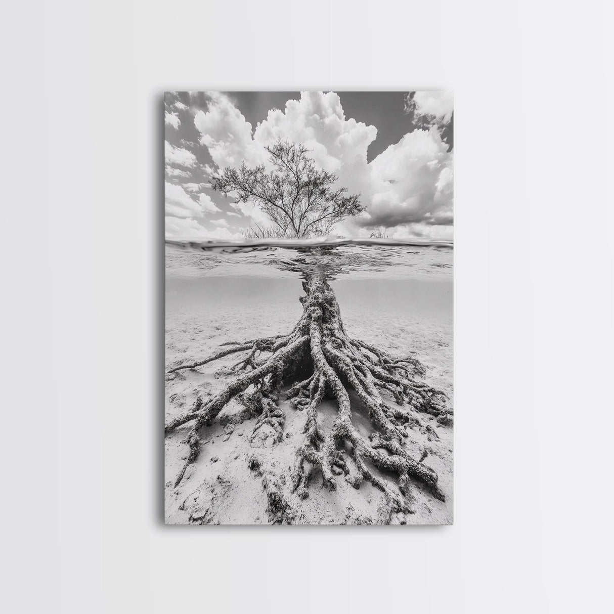 Half Underwater Tree, Split View Nature, Aquatic Roots, Stormy Skies, Framed Canvas Print, Coastal Wall Art, Unique Nature Photography