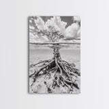 Half Underwater Tree, Split View Nature, Aquatic Roots, Stormy Skies, Framed Canvas Print, Coastal Wall Art, Unique Nature Photography