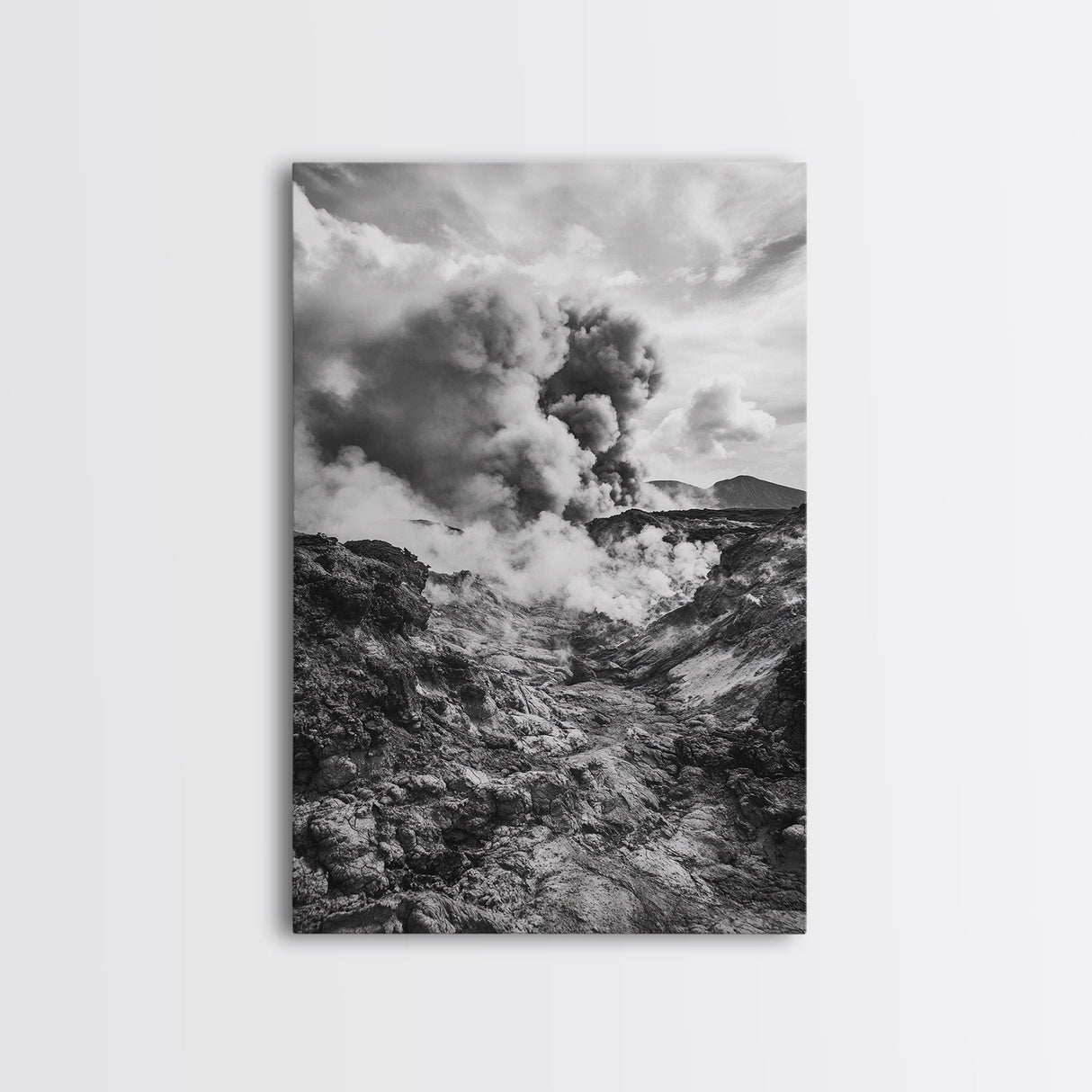Volcanic Eruption Smoke, Lava Rocks, Earth Energy, Fiery Terrain, Framed Canvas Print, Office Wall Art, Dramatic Nature Landscape